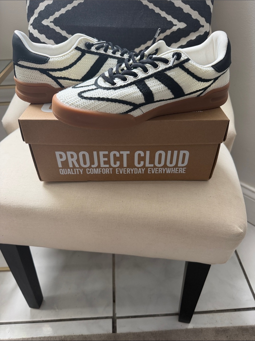 Project Cloud Women’s White & Black Knit Sneakers with Gum Sole